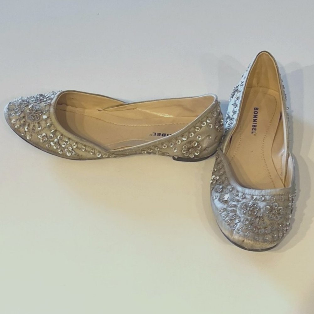 Shoes, Sequined on Satin, Flats, Silver, Bonnibel, size 8